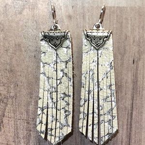 Custom fringed white & silver leather earrings
